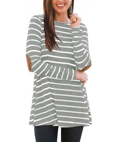 Women Stripe Elbow Patch Button Down Back Tunic Tops Light Grey $11.65 Tops