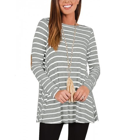 Women Stripe Elbow Patch Button Down Back Tunic Tops Light Grey $11.65 Tops