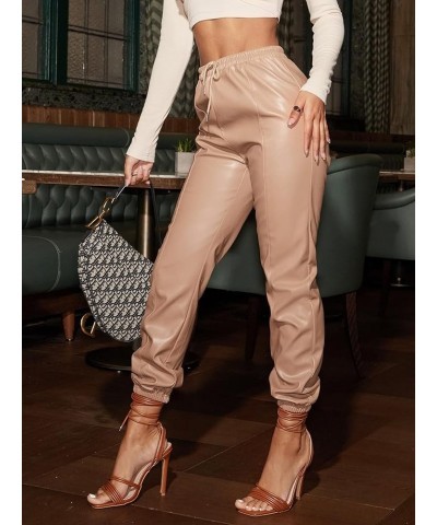 Women's Drawstring High Waisted Cropped Tapered Pu Leather Pants Apricot $21.42 Leggings