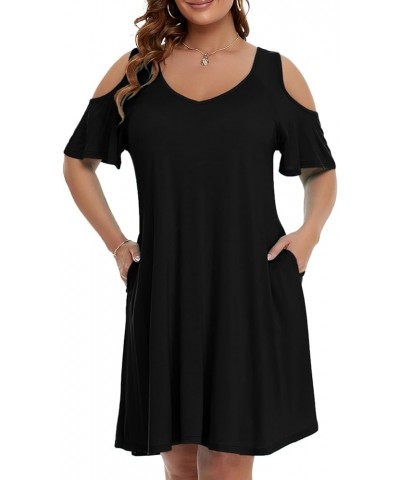 Womens Plus Size Short Sleeve Cold Shoulder V Neck T-Shirt Dress with Pockets Black $15.65 Dresses