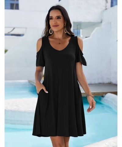 Womens Plus Size Short Sleeve Cold Shoulder V Neck T-Shirt Dress with Pockets Black $15.65 Dresses