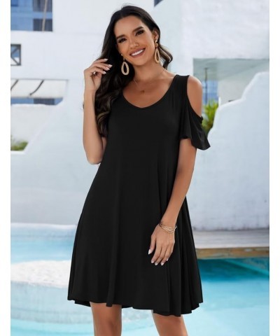 Womens Plus Size Short Sleeve Cold Shoulder V Neck T-Shirt Dress with Pockets Black $15.65 Dresses