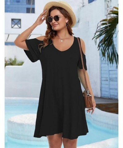 Womens Plus Size Short Sleeve Cold Shoulder V Neck T-Shirt Dress with Pockets Black $15.65 Dresses