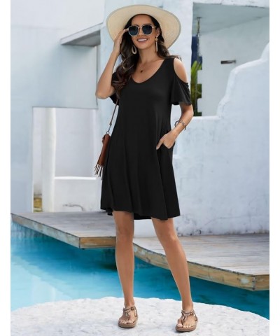 Womens Plus Size Short Sleeve Cold Shoulder V Neck T-Shirt Dress with Pockets Black $15.65 Dresses