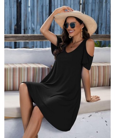 Womens Plus Size Short Sleeve Cold Shoulder V Neck T-Shirt Dress with Pockets Black $15.65 Dresses