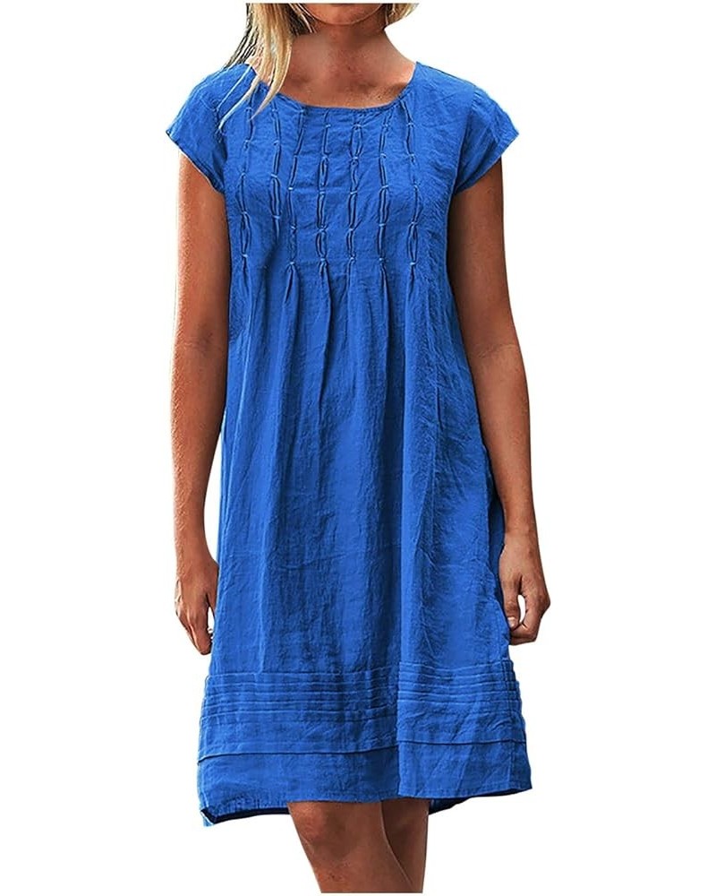 Vintage Summer Cotton Linen Dress for Women Casual Short Sleeve Ruched T Shirts Dress Loose Fit A-Line Beach Sundress Blue $1...