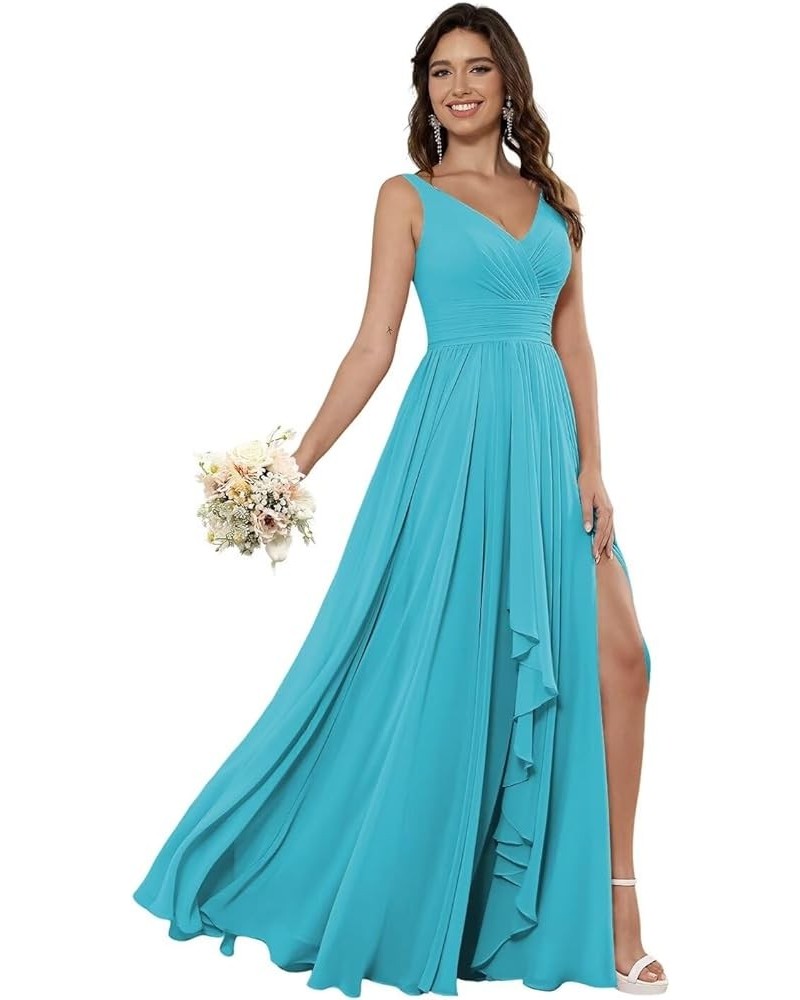 Women's V Neck Chiffon Bridesmaid Dresses Long with Pockets Ruffle A Line Formal Dresses with Slit RA002 Aqua Blue $23.00 Dre...