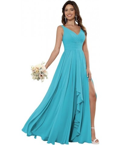 Women's V Neck Chiffon Bridesmaid Dresses Long with Pockets Ruffle A Line Formal Dresses with Slit RA002 Aqua Blue $23.00 Dre...