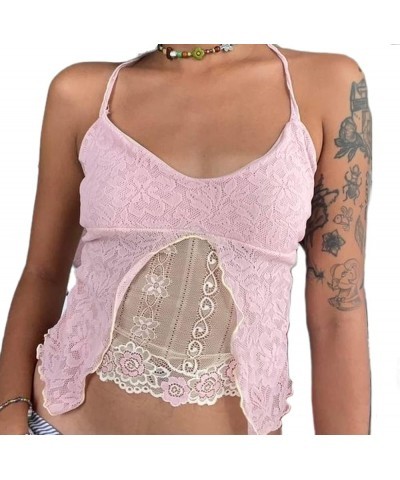 Sexy Floral Lace Mesh Sheer Crop Top for Women Y2k Sleeveless See Through Cami Vest Summer Vintage Milkmaid Tank Top H Pink P...