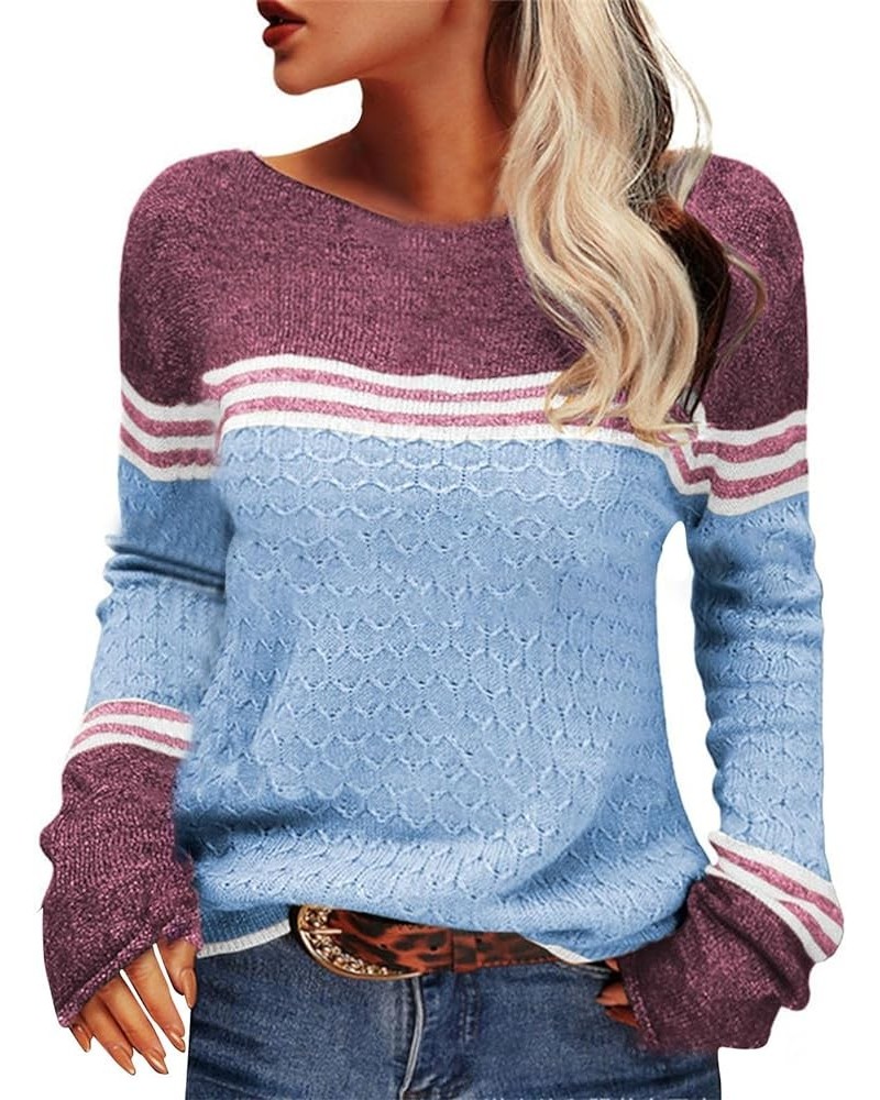 Fall Sweaters for Women Trendy Casual Long Sleeve Color Block Round Neck Striped Slim Fit Pullover Jumper Tops B02-blue $10.0...