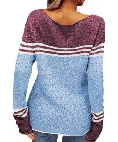 Fall Sweaters for Women Trendy Casual Long Sleeve Color Block Round Neck Striped Slim Fit Pullover Jumper Tops B02-blue $10.0...