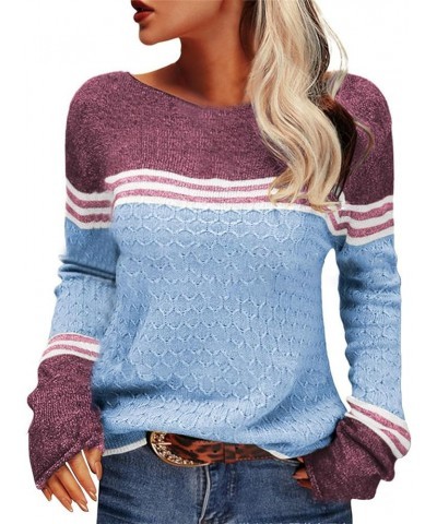 Fall Sweaters for Women Trendy Casual Long Sleeve Color Block Round Neck Striped Slim Fit Pullover Jumper Tops B02-blue $10.0...