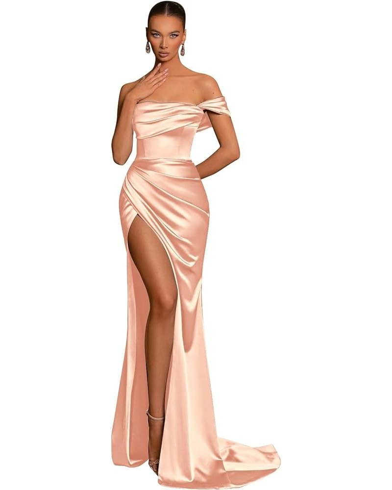 Satin Bridesmaid Dresses for Women Long with Slit Off Shoulder Mermaid Prom Dresses Corset Formal Gown Peach $37.79 Dresses