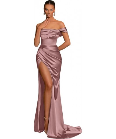 Satin Bridesmaid Dresses for Women Long with Slit Off Shoulder Mermaid Prom Dresses Corset Formal Gown Peach $37.79 Dresses