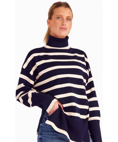 Women's Long sleeved Striped Turtleneck Side-Slit Sweater High collar Navy Blue $11.50 Sweaters