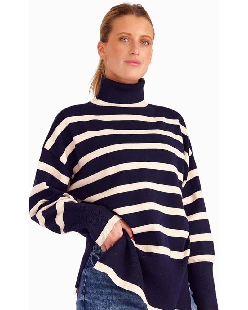 Women's Long sleeved Striped Turtleneck Side-Slit Sweater High collar Navy Blue $11.50 Sweaters