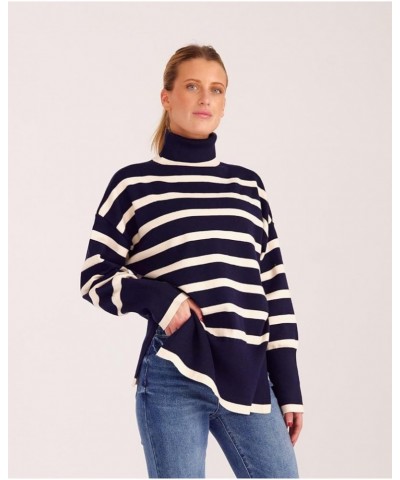 Women's Long sleeved Striped Turtleneck Side-Slit Sweater High collar Navy Blue $11.50 Sweaters