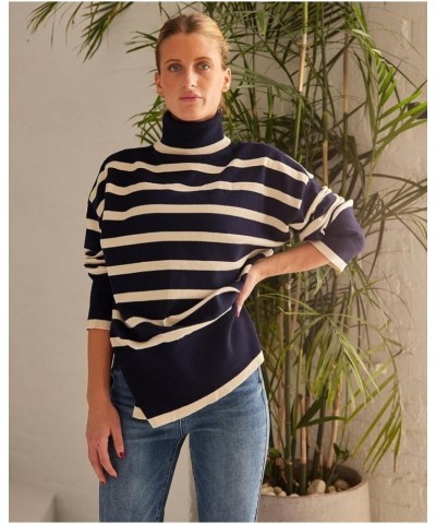 Women's Long sleeved Striped Turtleneck Side-Slit Sweater High collar Navy Blue $11.50 Sweaters