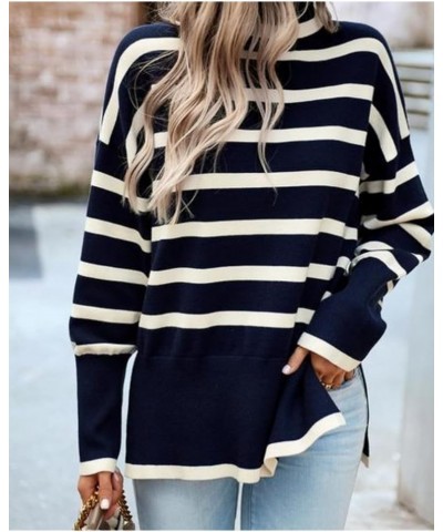 Women's Long sleeved Striped Turtleneck Side-Slit Sweater High collar Navy Blue $11.50 Sweaters