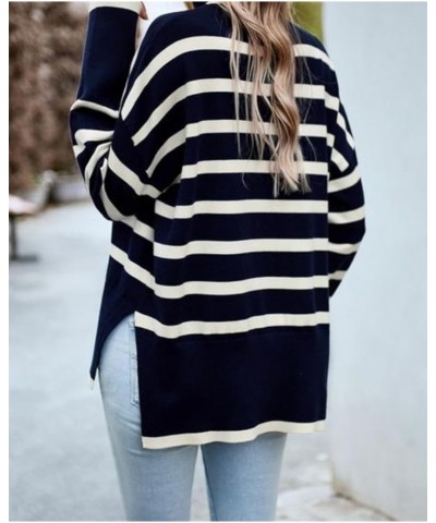 Women's Long sleeved Striped Turtleneck Side-Slit Sweater High collar Navy Blue $11.50 Sweaters