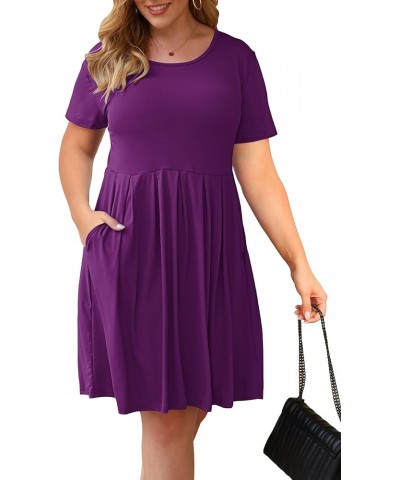 Women's Plus Size Round Neck Pleated Swing Dress with Pockets Knee Length 01-purple $22.79 Dresses