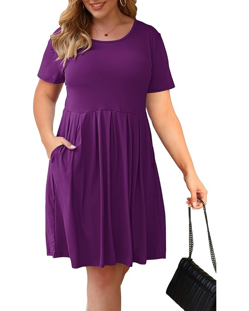 Women's Plus Size Round Neck Pleated Swing Dress with Pockets Knee Length 01-purple $22.79 Dresses