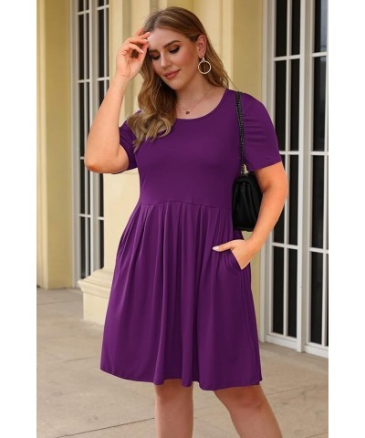 Women's Plus Size Round Neck Pleated Swing Dress with Pockets Knee Length 01-purple $22.79 Dresses