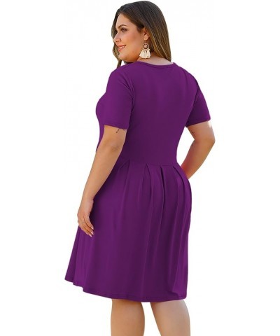 Women's Plus Size Round Neck Pleated Swing Dress with Pockets Knee Length 01-purple $22.79 Dresses