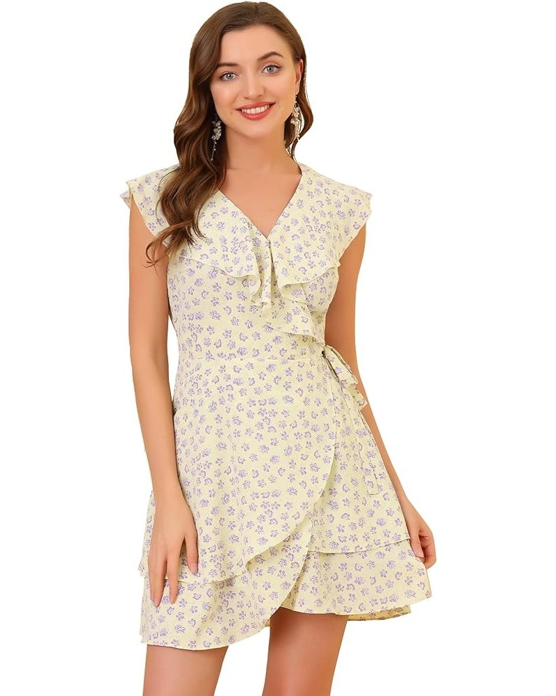 Women's Boho Floral Wrap V Neck Ruffle Hem Sleeveless Mini Tulip Dress Light Yellow $16.52 Dresses