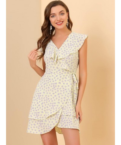 Women's Boho Floral Wrap V Neck Ruffle Hem Sleeveless Mini Tulip Dress Light Yellow $16.52 Dresses