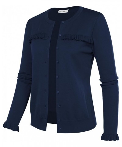 Womens 2023 Long Sleeve Cardigan Lightweight Ruffles Knit Cardigan Sweaters S-3XL Navy $14.96 Sweaters