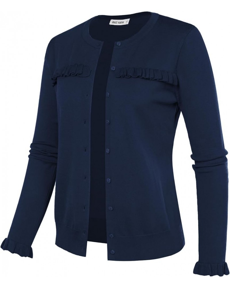 Womens 2023 Long Sleeve Cardigan Lightweight Ruffles Knit Cardigan Sweaters S-3XL Navy $14.96 Sweaters