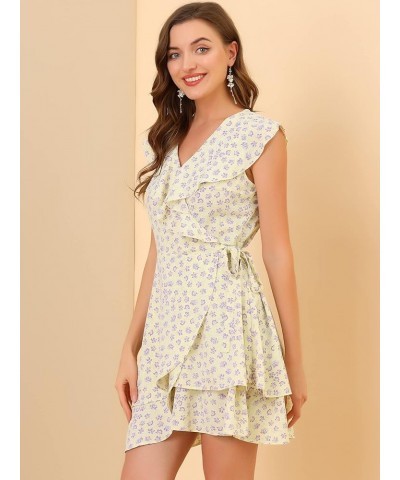 Women's Boho Floral Wrap V Neck Ruffle Hem Sleeveless Mini Tulip Dress Light Yellow $16.52 Dresses