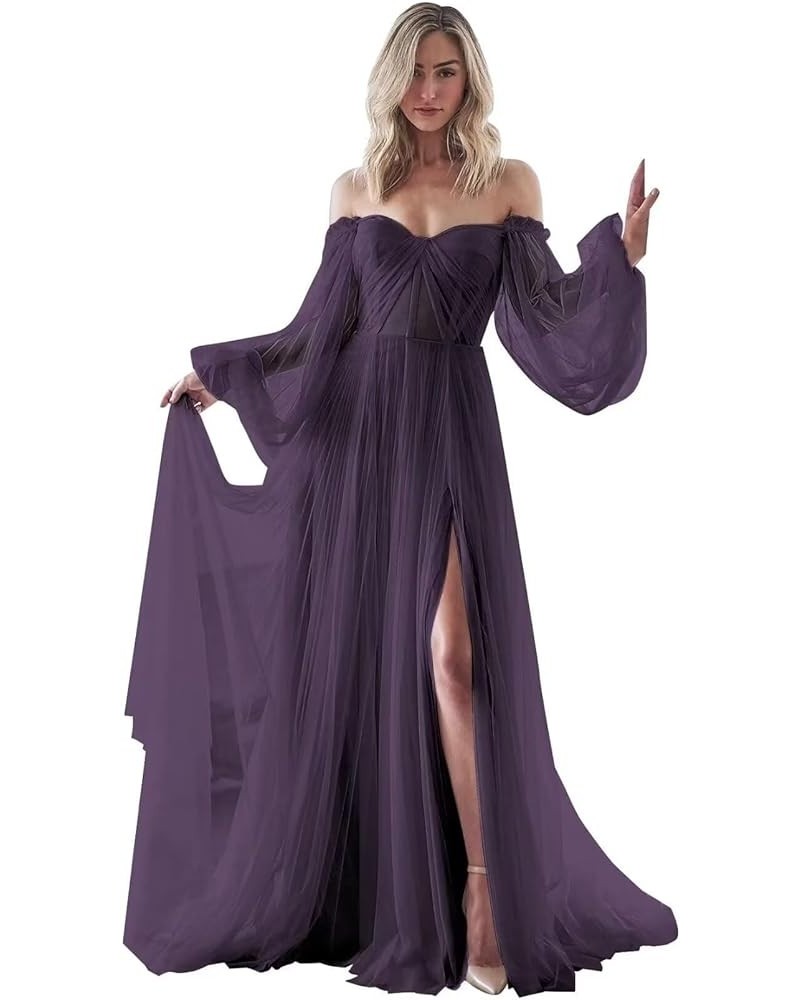 Long Sleeve Tulle Wedding Dresses Off Shoulder Prom Dresses A Line Formal Evening Gowns with Slit Grape $37.26 Dresses