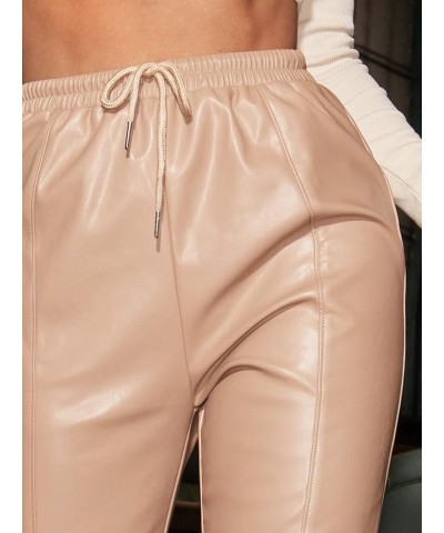 Women's Drawstring High Waisted Cropped Tapered Pu Leather Pants Apricot $21.42 Leggings