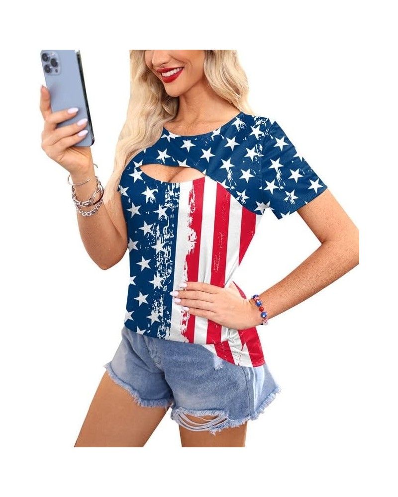 Women's 4th of July American Flag Shirts Sexy Hollow Out Short Sleeve Tops Patriotic Flag $7.94 T-Shirts