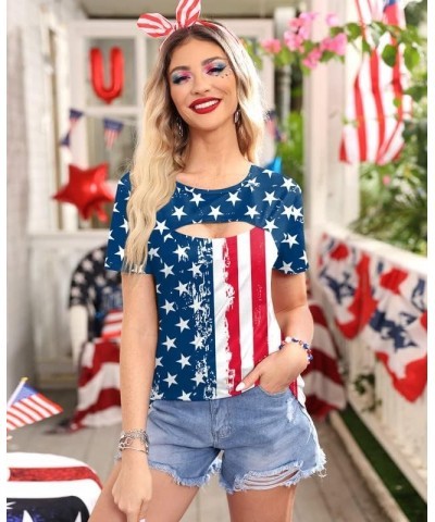 Women's 4th of July American Flag Shirts Sexy Hollow Out Short Sleeve Tops Patriotic Flag $7.94 T-Shirts