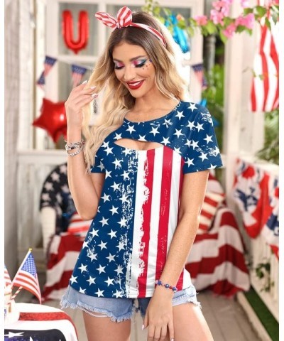 Women's 4th of July American Flag Shirts Sexy Hollow Out Short Sleeve Tops Patriotic Flag $7.94 T-Shirts