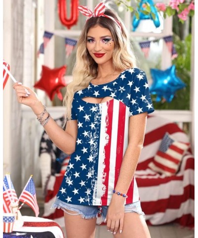 Women's 4th of July American Flag Shirts Sexy Hollow Out Short Sleeve Tops Patriotic Flag $7.94 T-Shirts