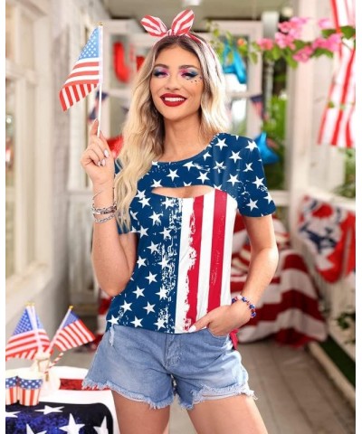 Women's 4th of July American Flag Shirts Sexy Hollow Out Short Sleeve Tops Patriotic Flag $7.94 T-Shirts