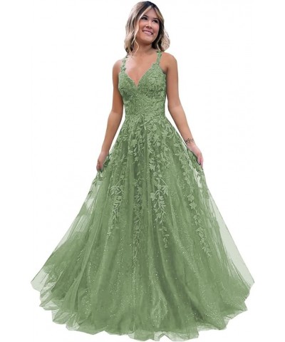 Tulle Lace Appliques Sparkly Prom Dresses for Women Ball Gown V Neck A Line Formal Party Dress Sage Green $36.55 Dresses