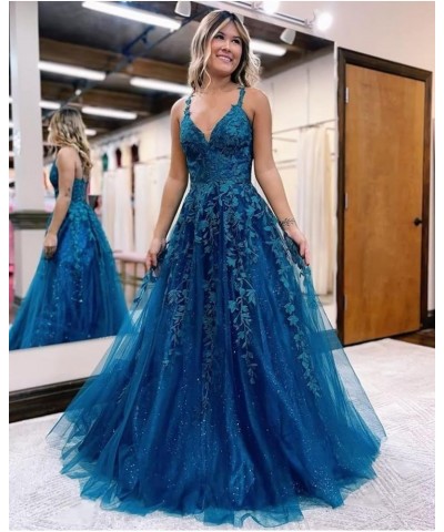 Tulle Lace Appliques Sparkly Prom Dresses for Women Ball Gown V Neck A Line Formal Party Dress Sage Green $36.55 Dresses