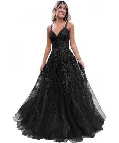 Tulle Lace Appliques Sparkly Prom Dresses for Women Ball Gown V Neck A Line Formal Party Dress Sage Green $36.55 Dresses