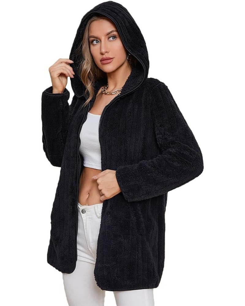 Womens Fuzzy Fleece Sherpa Jacket Zip Up Hooded Cardigans with Pockets Fy806black $11.83 Jackets