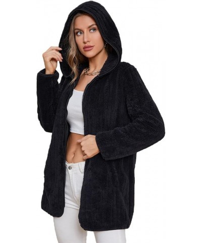 Womens Fuzzy Fleece Sherpa Jacket Zip Up Hooded Cardigans with Pockets Fy806black $11.83 Jackets