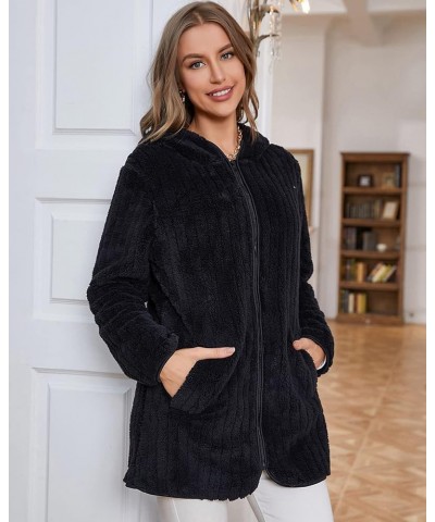 Womens Fuzzy Fleece Sherpa Jacket Zip Up Hooded Cardigans with Pockets Fy806black $11.83 Jackets