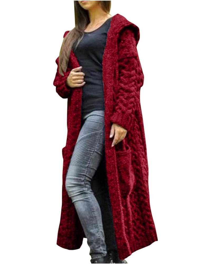 Oversized Cable Knit Cardigan Sweater for Women Long Sleeve Hooded Knitting Jackets Fall Winter Mid-Length Coats Red $14.30 S...