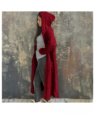 Oversized Cable Knit Cardigan Sweater for Women Long Sleeve Hooded Knitting Jackets Fall Winter Mid-Length Coats Red $14.30 S...