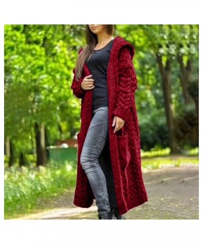 Oversized Cable Knit Cardigan Sweater for Women Long Sleeve Hooded Knitting Jackets Fall Winter Mid-Length Coats Red $14.30 S...