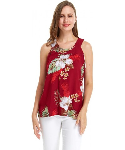 Matchable Family Hawaiian Luau Men Women Girl Boy Clothes in Pineapple Garden Burgundy Women Women Tank Top $12.00 Shirts